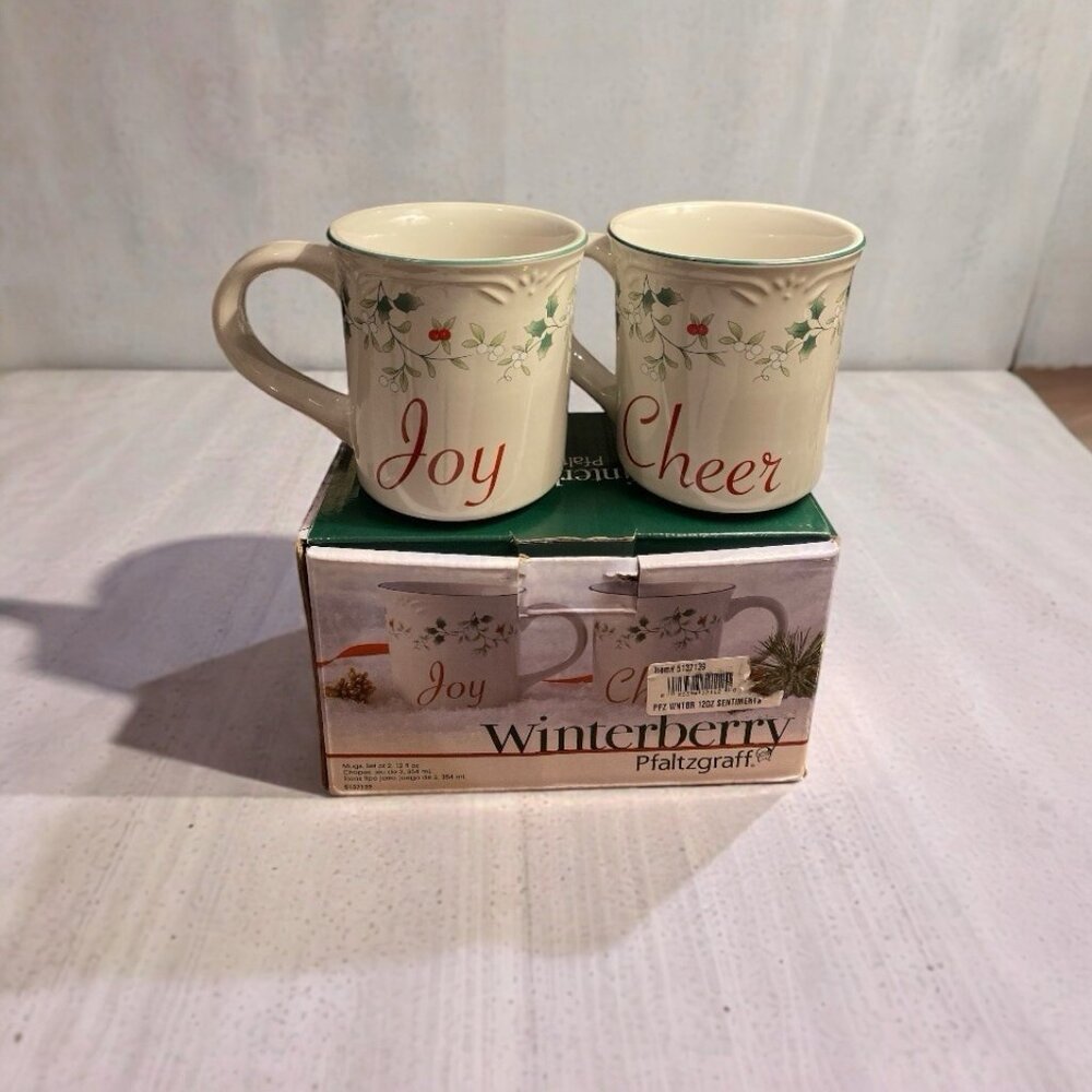 Vtg. Christmas Pfaltzgraff Winterberry Mug Set Joy & Cheer -12 Oz-w/Box